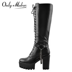 Onlymaker Women Black Matte Platform Front Lace-Up Side Zip Knee High Boots Lady Fashion Classic Big Size Winter Boots