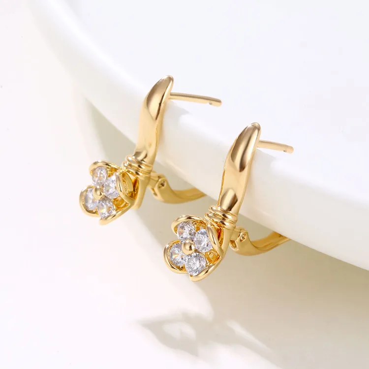 Trendy Gold Plated Copper Rose Hoop Earrings White  Zircon Stone For Women Fashion Accessories Wedding Party Birthday Gift