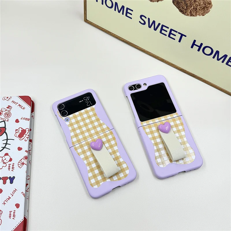 Korean love irregular checkered ring phone case Samsung Galaxy Z Flip6 5 4 3 Z Flip5 Flip6 Flip6 5G cartoon flip Kawaii case