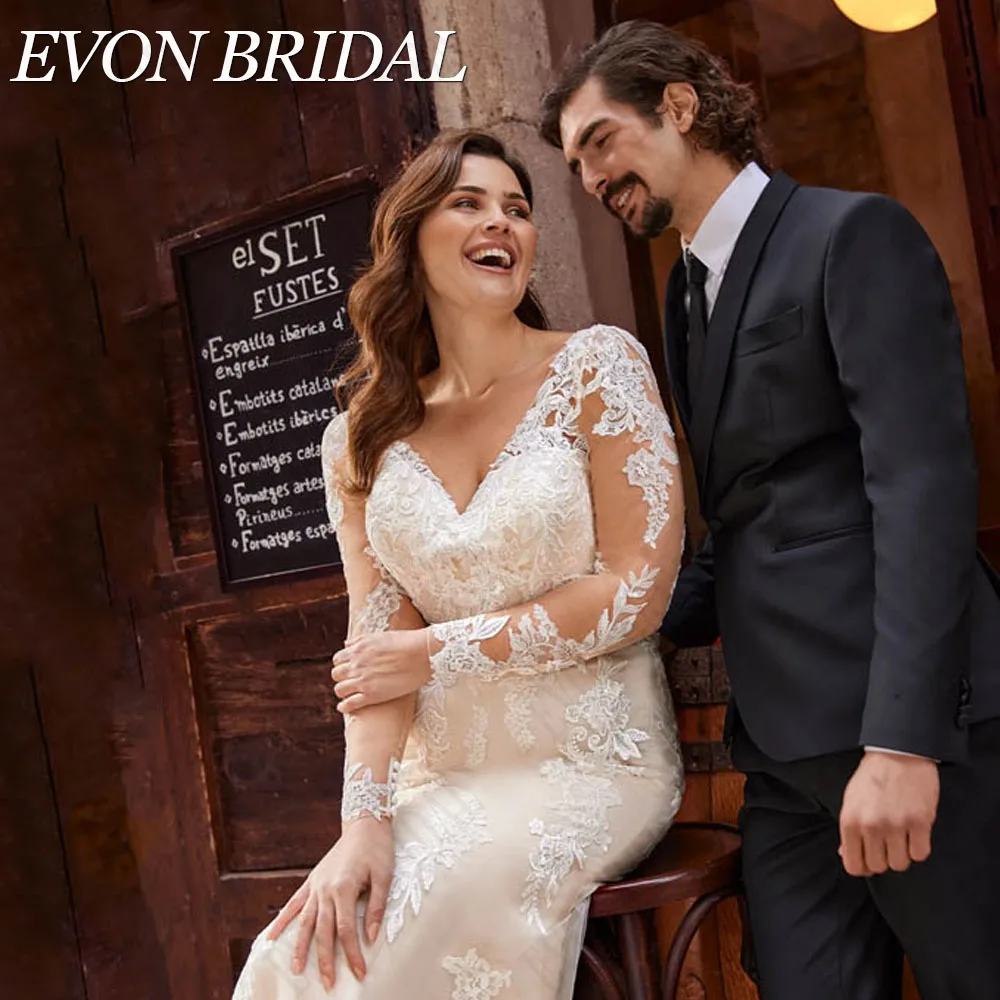 EVON BRIDAL Mermaid Plus Size Wedding Dresses For Big Woman Long Sleeves Button Back Applique Bridal Gowns Vestidos De Novia