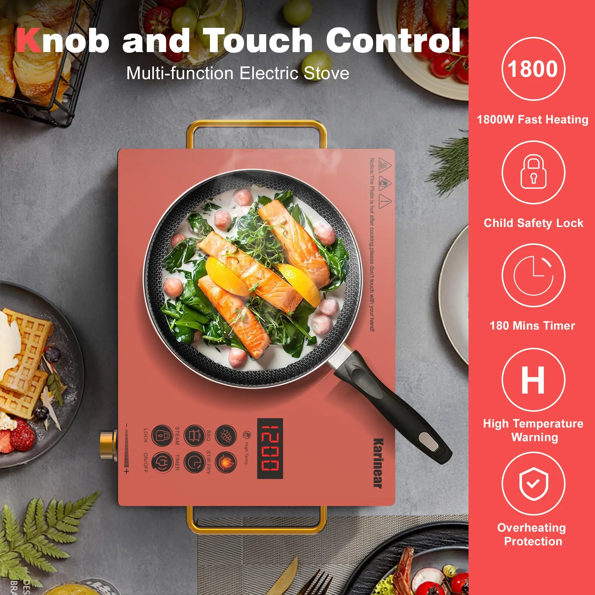 Karinear Portable Electric Stove 110V, 1800W Electric Hot Plate with Handle, Knob Control Single Burner Electri Cooktop, Ceramic Infrared Countertop Burner, Timer, Safety Lock(Pink) view 3