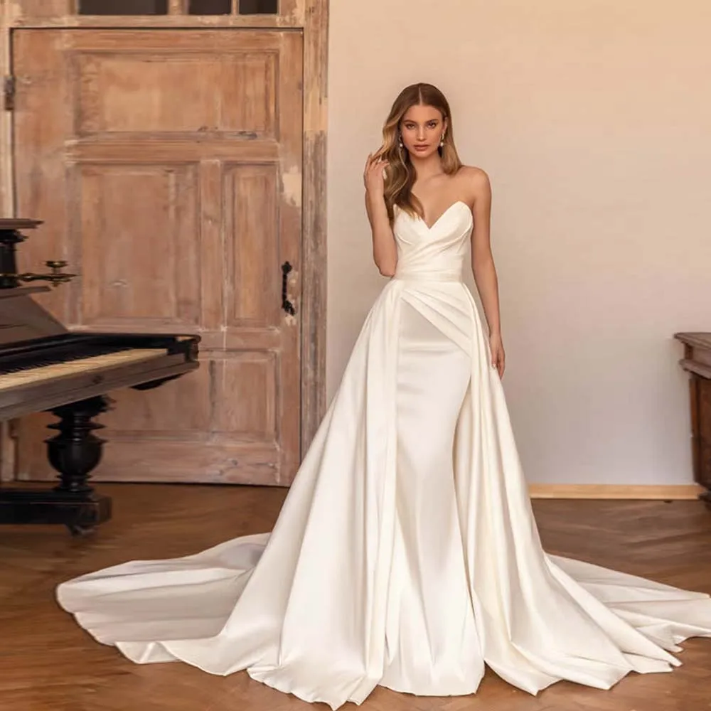 

Elegant Wedding Gowns Sweetheart Backless Mermaid 2024 New Bride Dress Detachable Train Satin Pleat Bridal Gown For Women