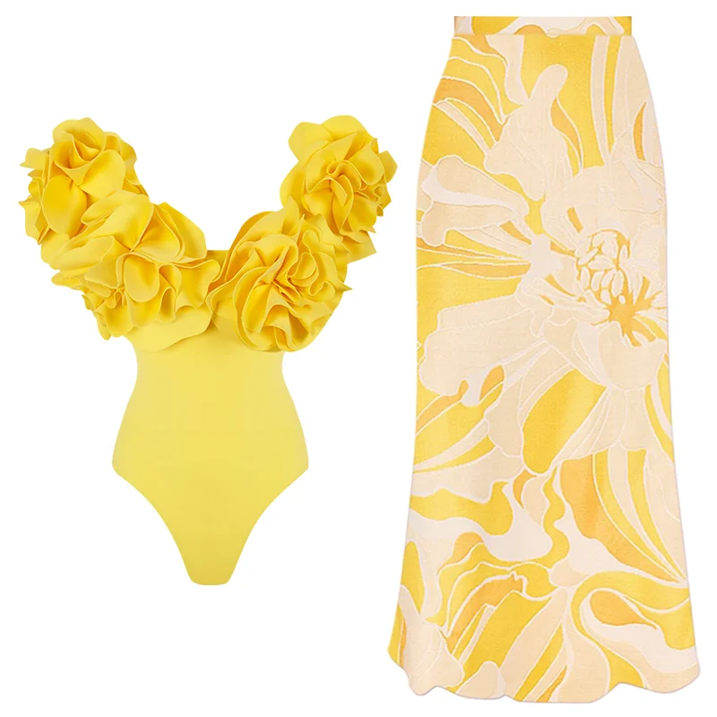 2024 Vintage 3D Flower Decor Yellow One Piece Swimsuit and Skirt  Swimwear Set Women Beachwear  Clearance Wholesale