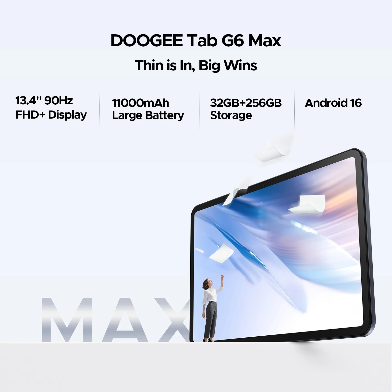 DOOGEE Tab G6 Max Tablet Android 16 32GB+256GGB شاشة 13.4 بوصة 90 هرتز بطارية 11000 مللي أمبير في الساعة 7.7 ملم رفيعة للغاية UNISOC T7280 Widevine L1