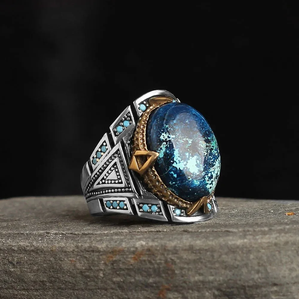 925 Sterling Silver Azurite Stone Ottoman Men's Ring