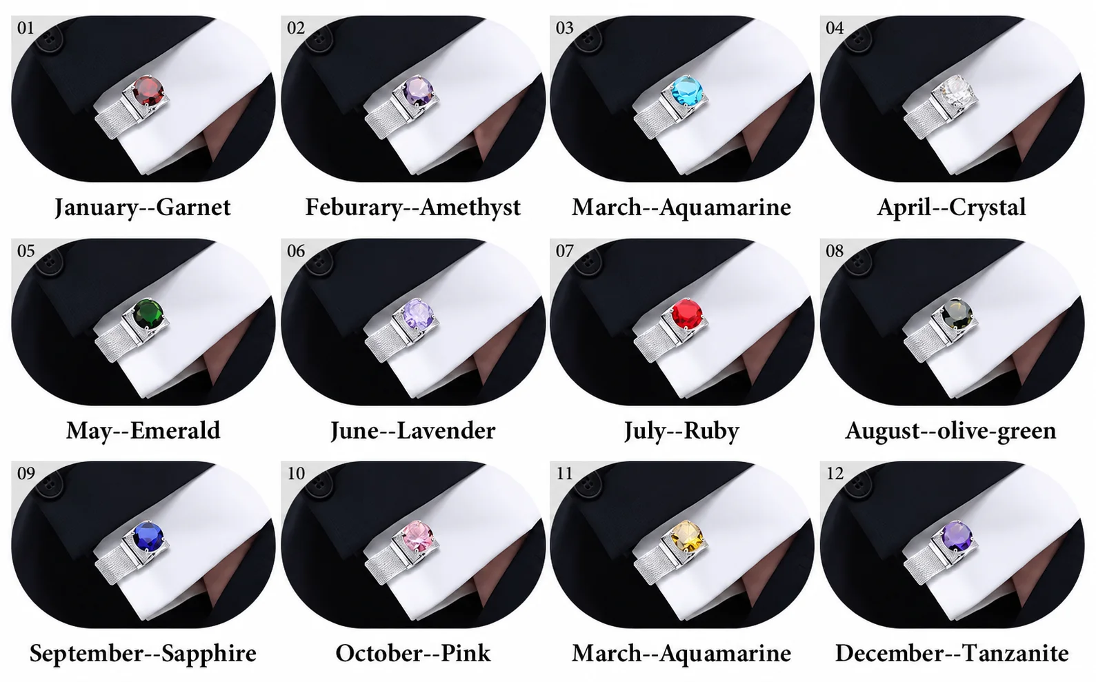 HAWSON Men Birthstone Crystal Cufflinks 17mm Color Stone Cuff Links for Wedding Business Shirt, Birthday Gift for Men