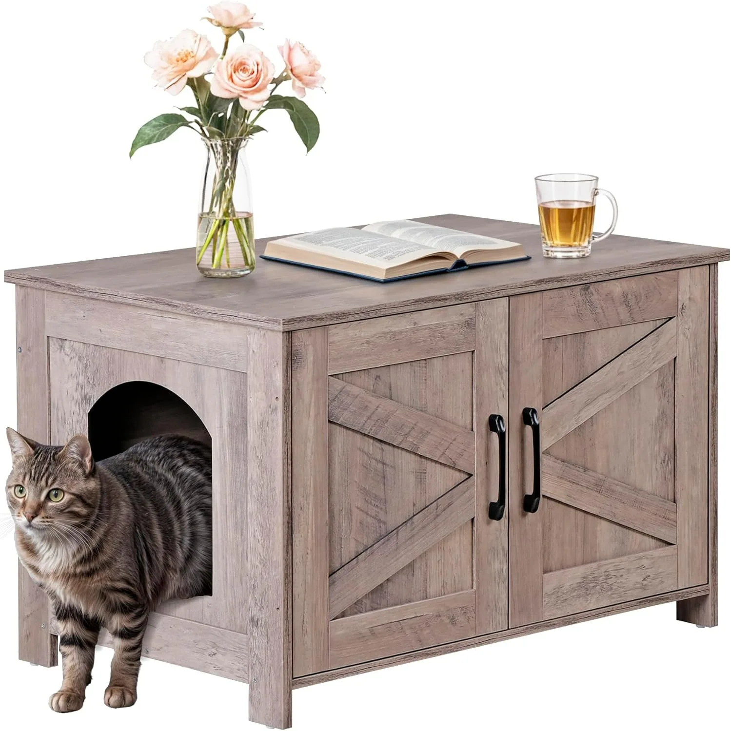 

Cat Litter Box Enclosure, Litter Box Furniture Hidden, Wooden Litter Cabinet with Divider