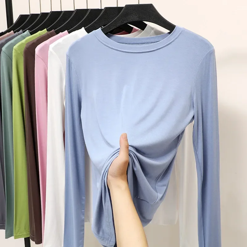 Modal Solid Basic Tshirt O Neck Long Sleeves Women Autumn Bottoming Tee Tops All Match Tee Shirt Plus size undershirt — zdjęcie 2