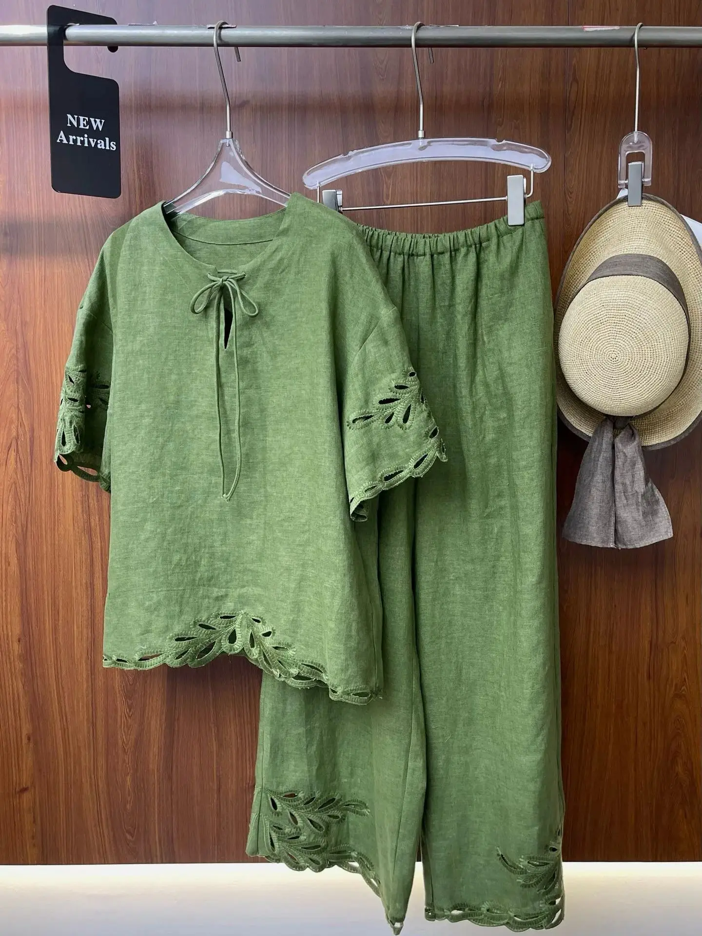 Summer women's french retro hollowed-out 100% linen suit