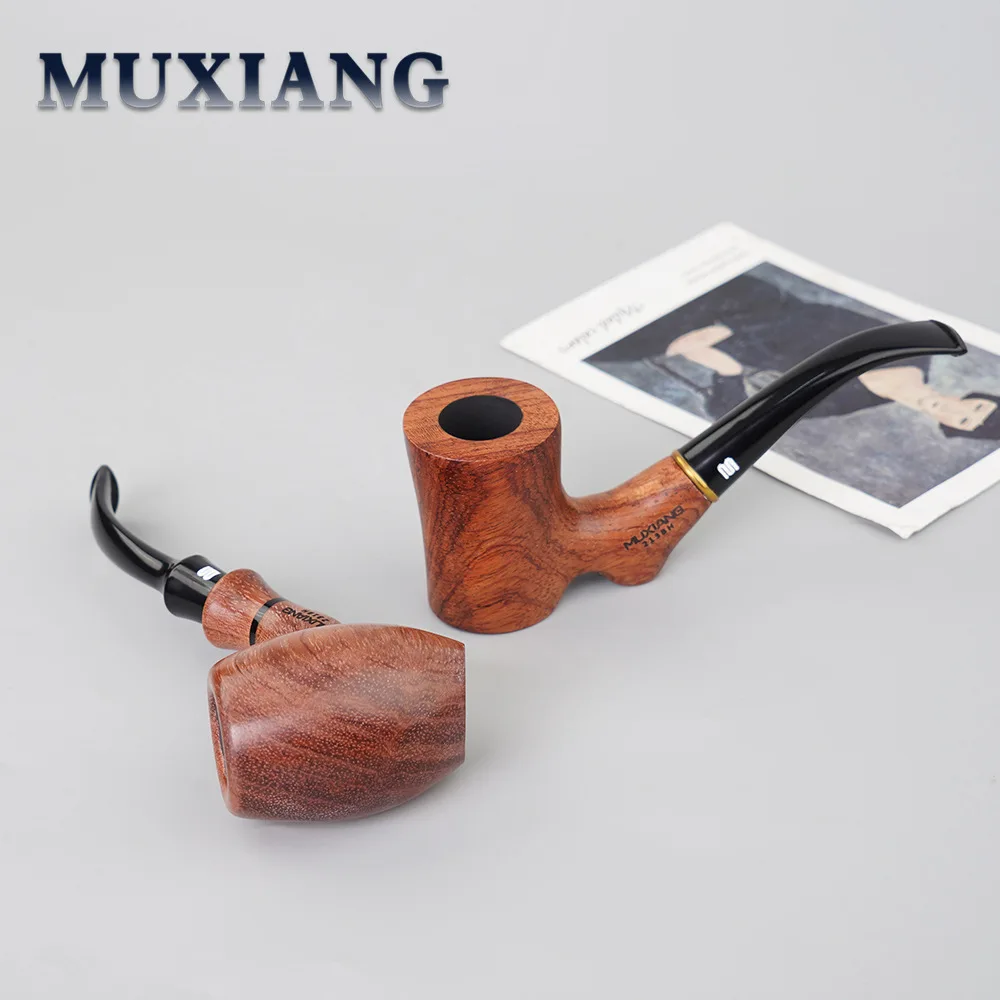 MUXIANG Importe Rosewood Classic Smoking Pipe 3/9mm Filter Bent Tobacco Pipe Gold Ring Wood Pipe with Smoke Pipe clean Accessory