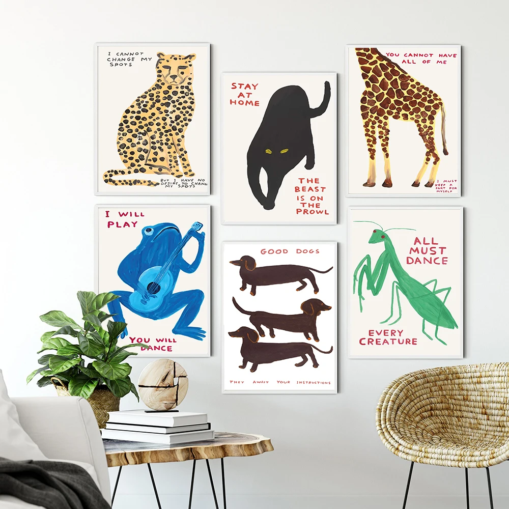 David Shrigley Animal Quote Poster Leopard Dog Cat Frog Grasshopper Prints Canvas Painting Nordic Wall Art Pictures Room Decor