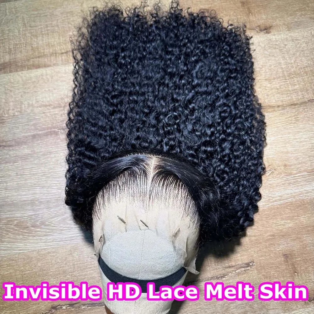Kinky Curly Wave HD Прозрачный парик фронта шнурка 13x4 Бразильские человеческие волосы Предварительно выщипанные Натуральный черный вьющийся парик с волосами ребенка