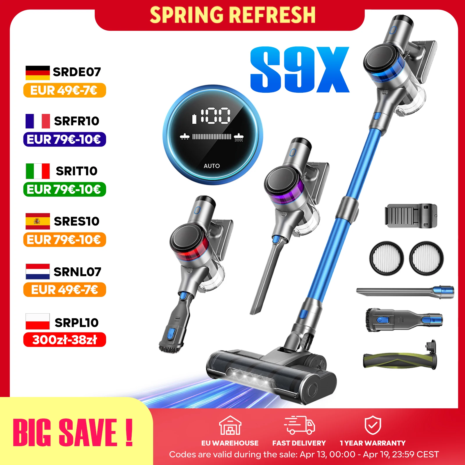 Inse Odkurzacz Bezprzewodowy S9X, 70KPa 400W, Pojemnik na Kurz 1 l, 3 Kolory świateł Pokazujące Pozostały Poziom Energii, 55 minut Użytkowania, Odpowiedni do Podłóg, Sof, Dywanów