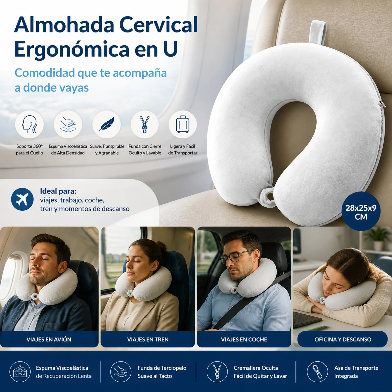 Oreiller cervical en forme de U en mousse à mémoire de forme avec housse en velours amovible à fermeture éclair, oreiller de voyage pour avion, train, voiture, bureau, ergonomique, multicolore, portable, anti-fatigue