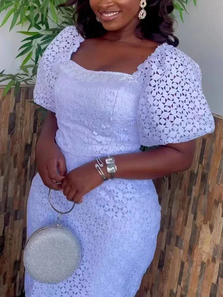 Dames Vintage Witte Kanten Jurk Chique Vierkante Hals Poff Mouw Zomer Elegante Bruiloft Gast Cocktial Verjaardag Kleding Xxxxl - afbeelding 2