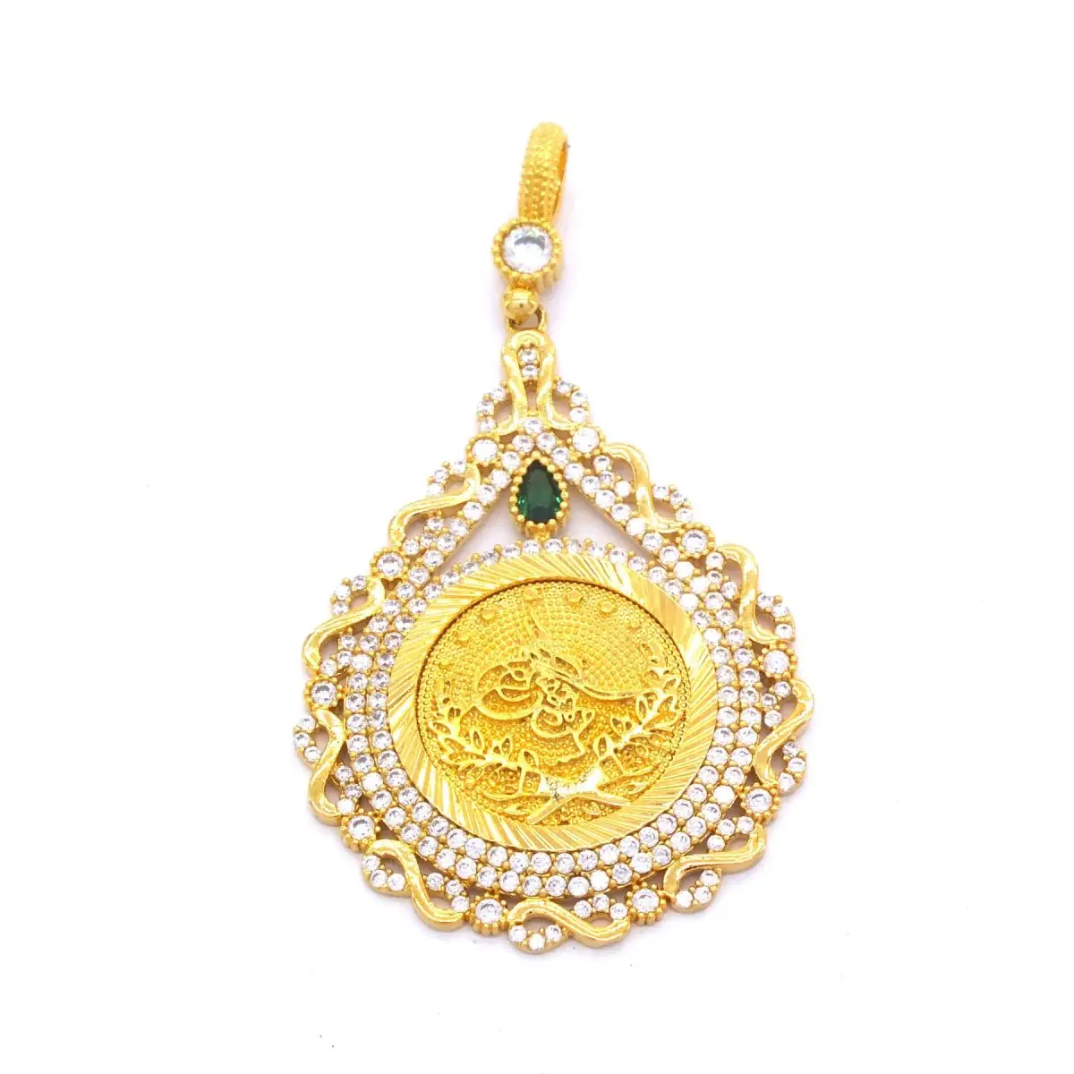 

Gold Plated Women's Pendant Chain Tugra Drop Pattern Zircon Stone Round New Fashion Turkish Tradition Wedding Engagement Gift