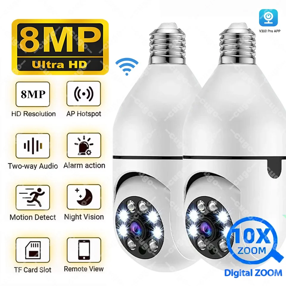 

8-мегапиксельная Wi-Fi камера, беспроводное наблюдение, PTZ-камера видеонаблюдения, двустороннее аудио, цветное ночное видение, 10-кратный зум, охранная радионяня, E27, камера с лампочкой