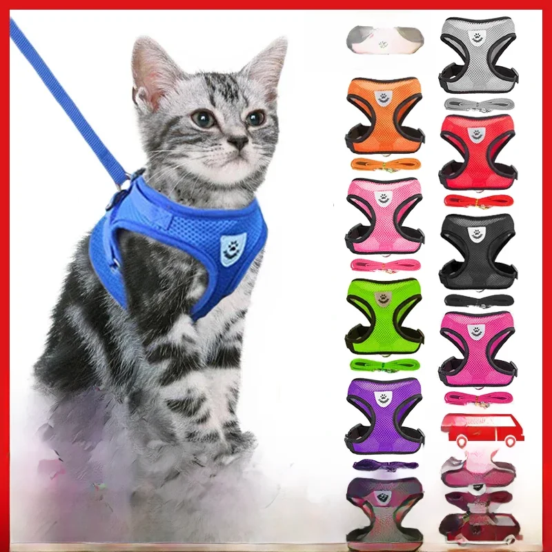 Arnês para gatos, coleira de chumbo para caminhada, coleira de poliéster, malha ajustável,