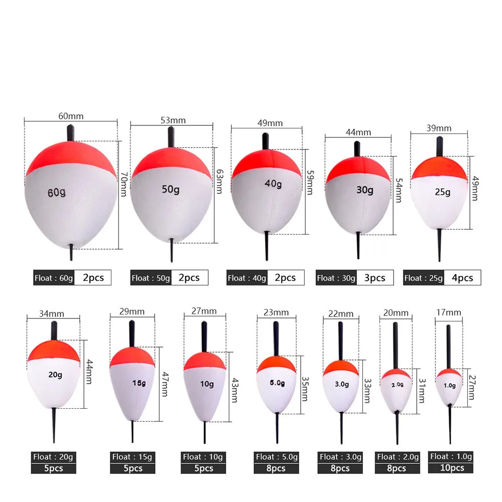 Sea.Yolo 2-10pcs 13 size 1-60g Floating Fishing Float Red And White EVA Foam Sea Fishing Bobber Fishing Accessories