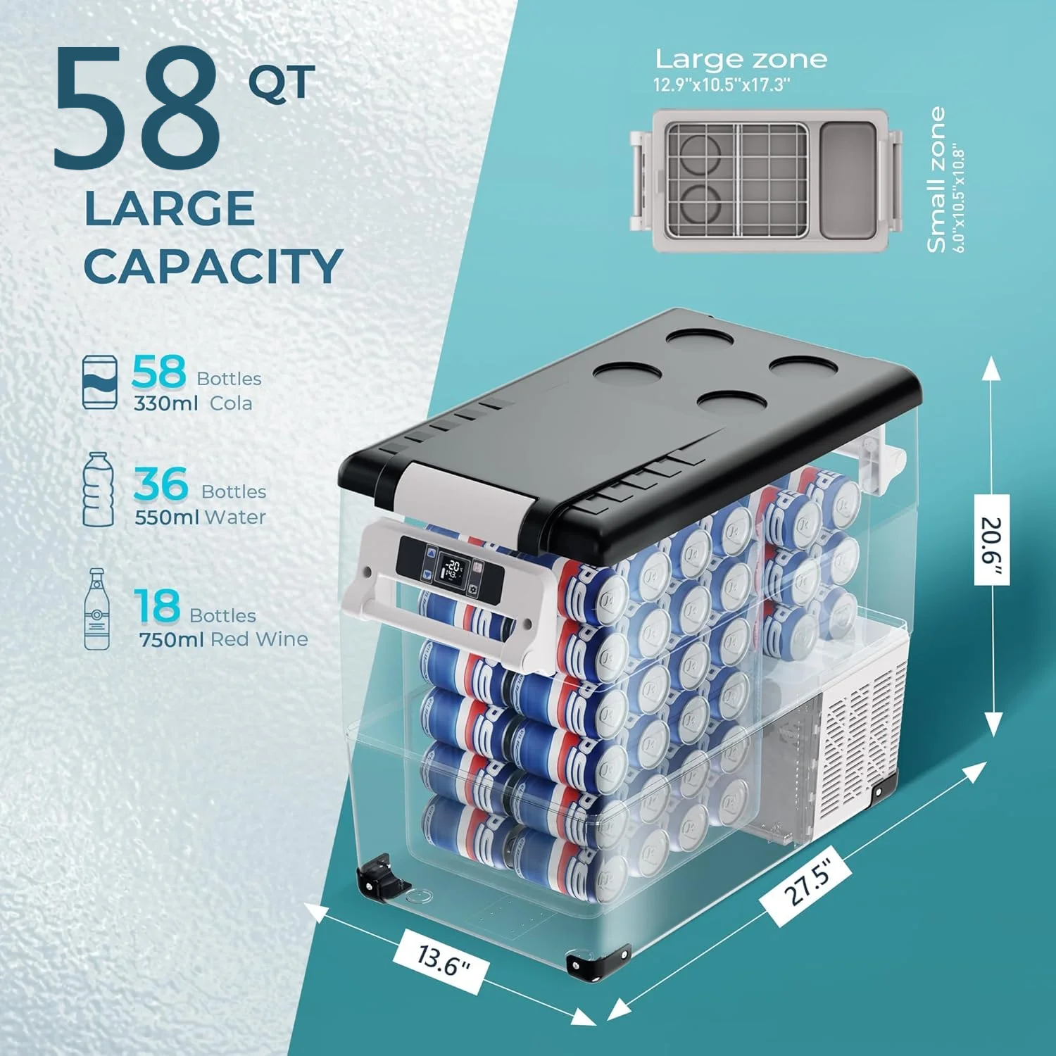 EKOJUCE 58QT Portable Fridge for Car No Ice Needed, 12V & 100-240V, Compressor Cooling, Dual Modes, Truck/Travel/Home Use, Low Noise