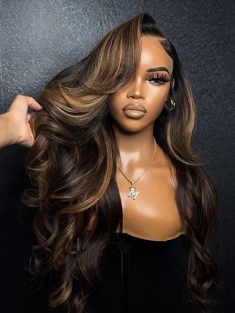 1B/27 HD Transparant 13x4 13x6 Kant Frontale Body Wave Menselijk Haar Pruiken Bruine Streep Hoogtepunten Honing Blonde Pre Geplukt Voor Vrouwen - afbeelding 2