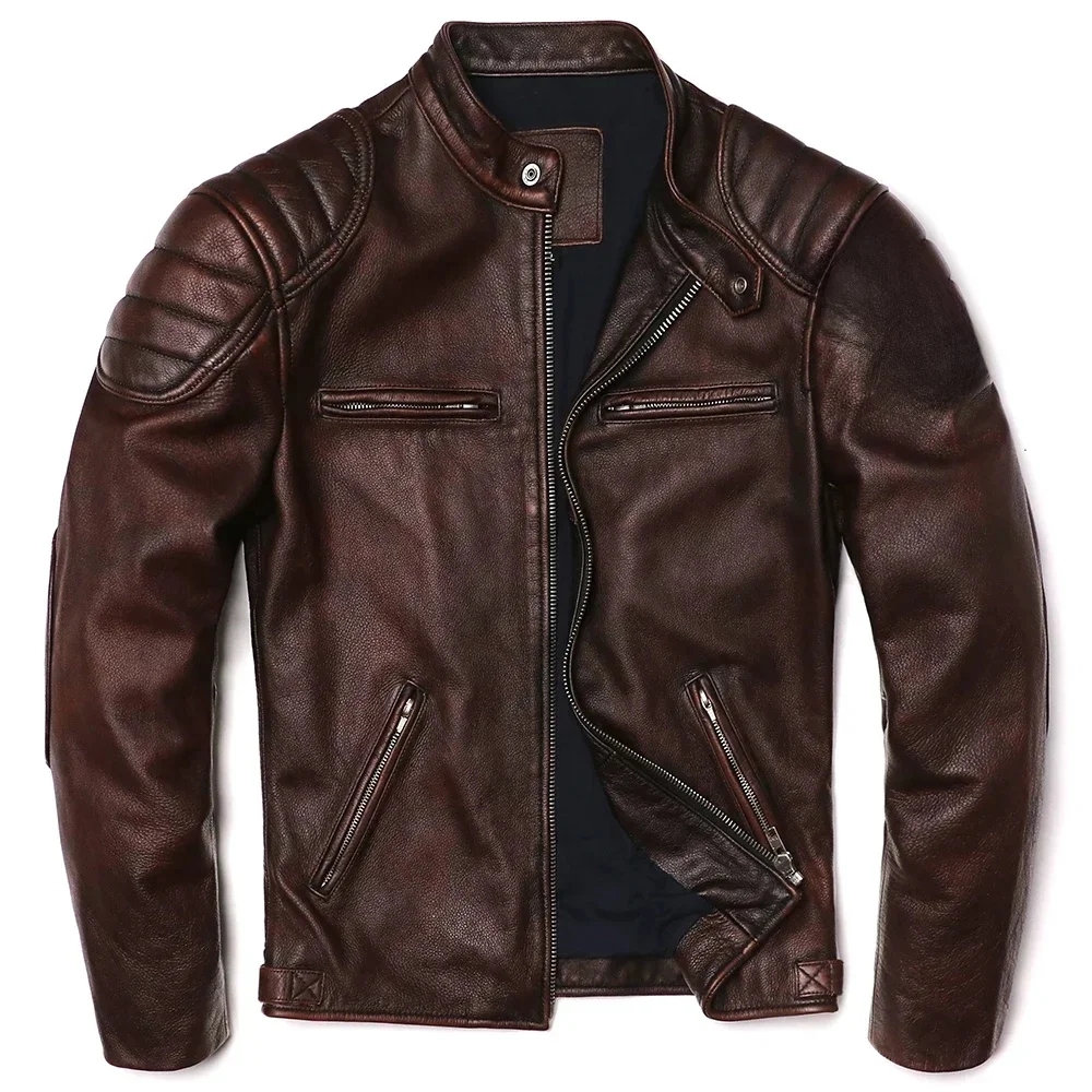 2025 Vintage Braune Echtlederjacke Echtes Natürliches Rindsleder Herren Motorrad Biker Mantel Herren Schlanker Kalbsledermantel
