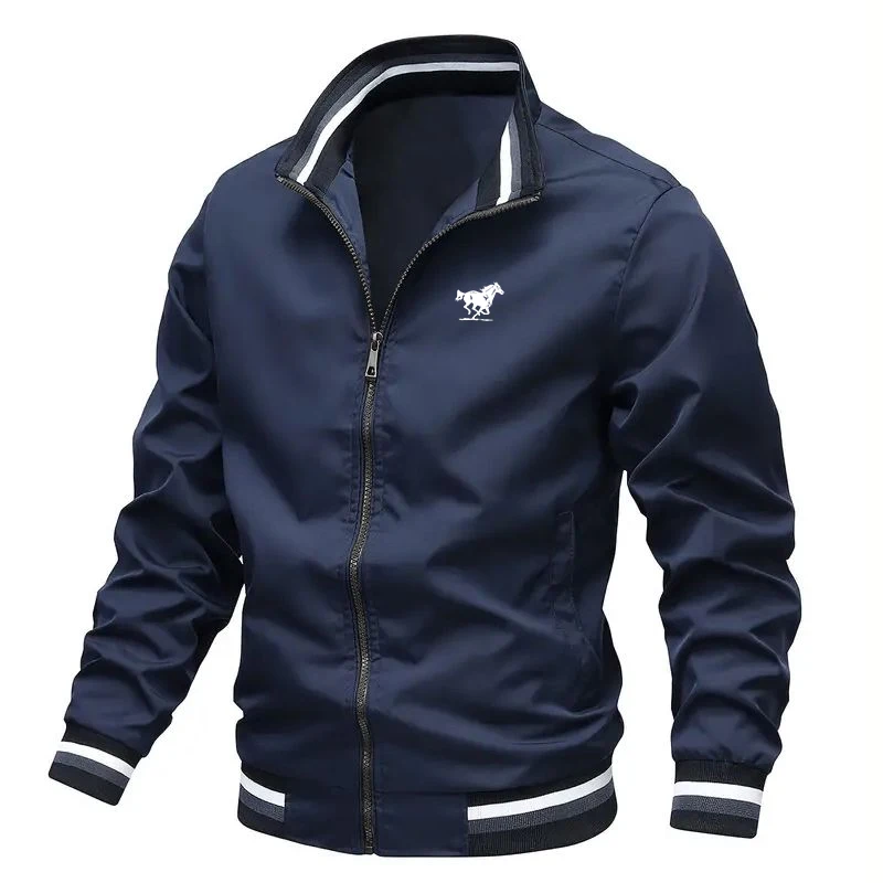

Men's Stylish Zip-up Jacket with Horse Logo & Striped Ribbed Collar/Cuffs, Lightweight Casual Outerwear for Men, Fashion Jacket