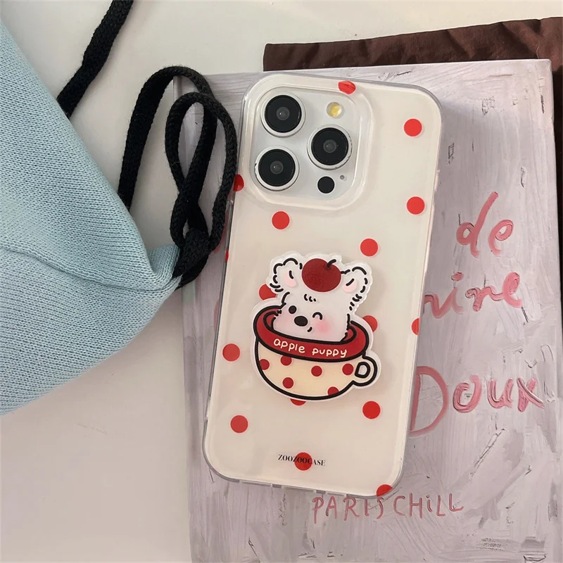 

Cute red Polka dot cup puppy double shell for iPhone12 13 pro Korean 14 15Promax all-inclusive drop case protective case