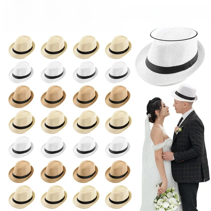 58/60 cm Bruiloft Stro Fedora Hoed voor Mannen Vrouwen Trilby Hoed Korte Rand Panamahoed Strand Havana Feestartikelen Grote Hoofd Gentleman Cap - afbeelding 2