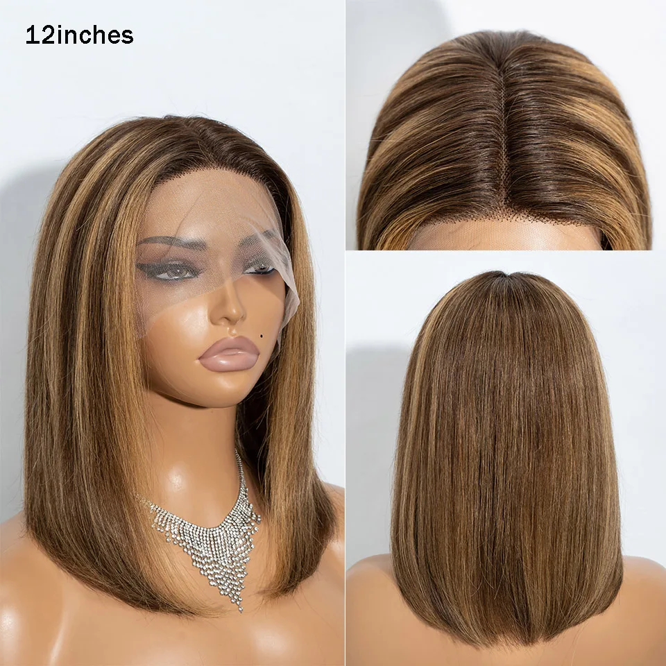 Highlight Brown Straight Bob Wig 13x5x1 T Part Lace Front Wig 100% Brazilian Remy Human Hair Short Straight Bob Natural Look