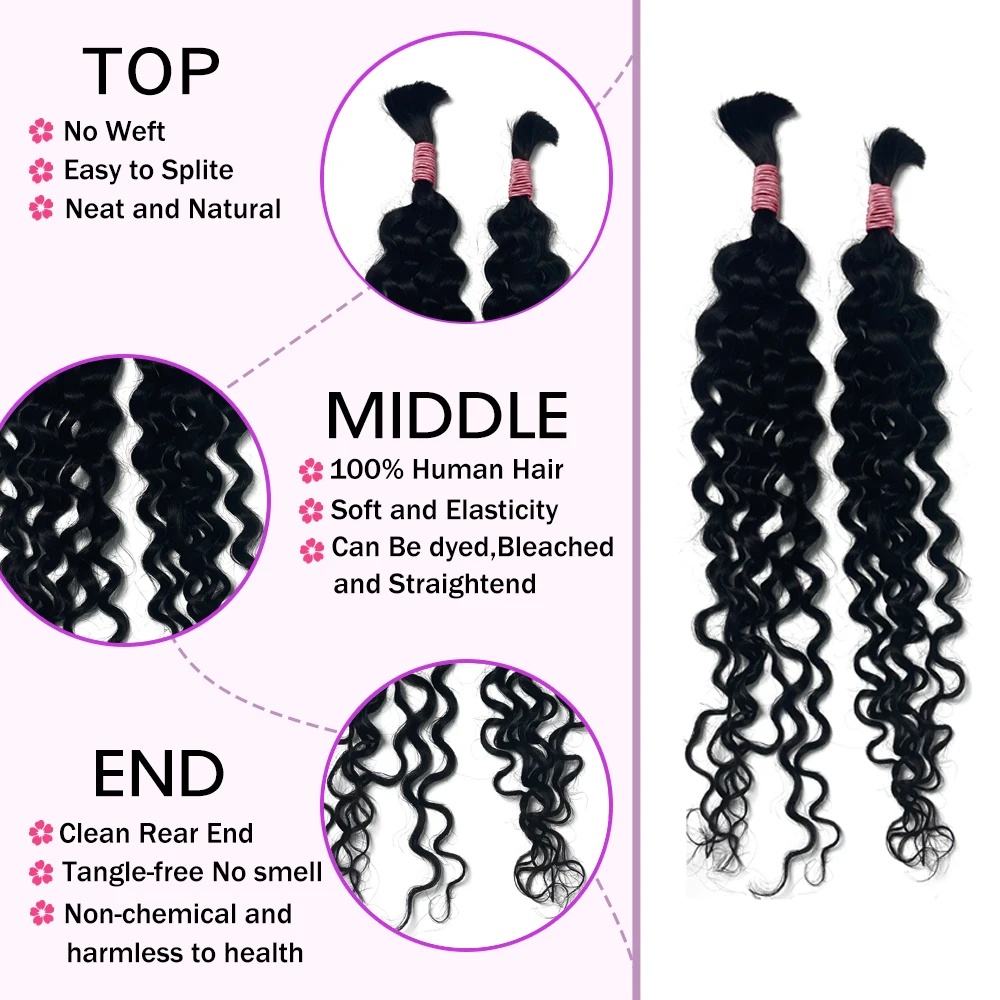 Cabelo Humano em Massa para Trançar Extensões, Onda de Água Cabelo Bundle, 100% Virgem, Boho Tranças, Sem Trama, Natural, 26 em