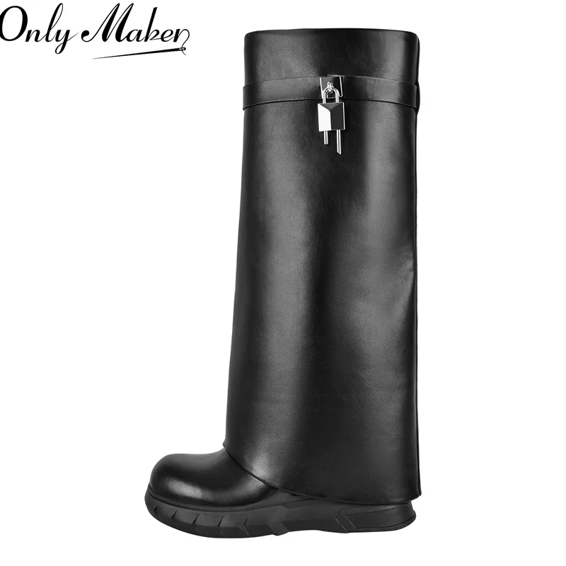 Onlymaker Women Black Shark Lock Pants Boots Wedge Brand Fold Knee High Heel Fashion Lady Boots