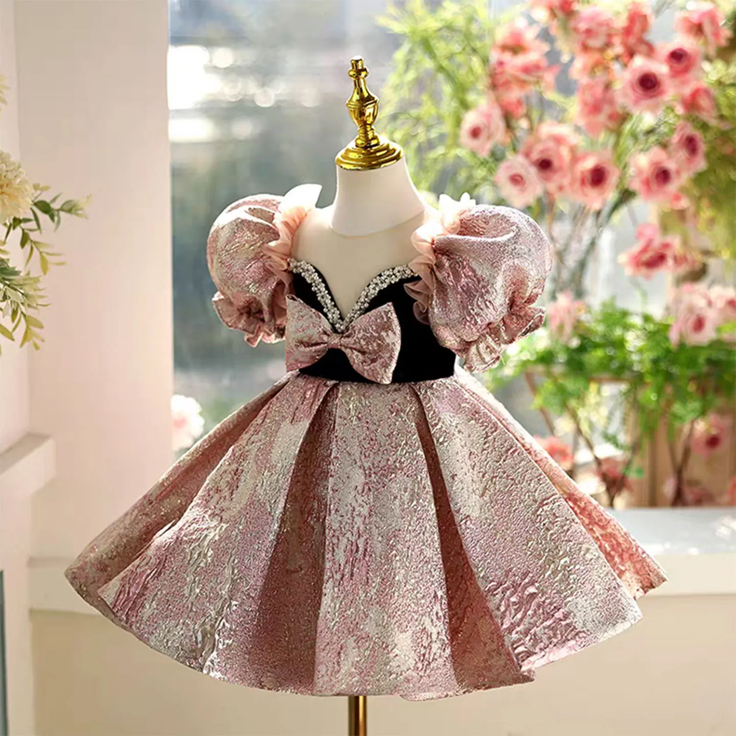 Jill Wish J467 Pink Flower Girl Dress Lace Beads Puffy Sleeve Princess Toddler Kids Wedding 1st Birthday Pageant Party Ball Gown