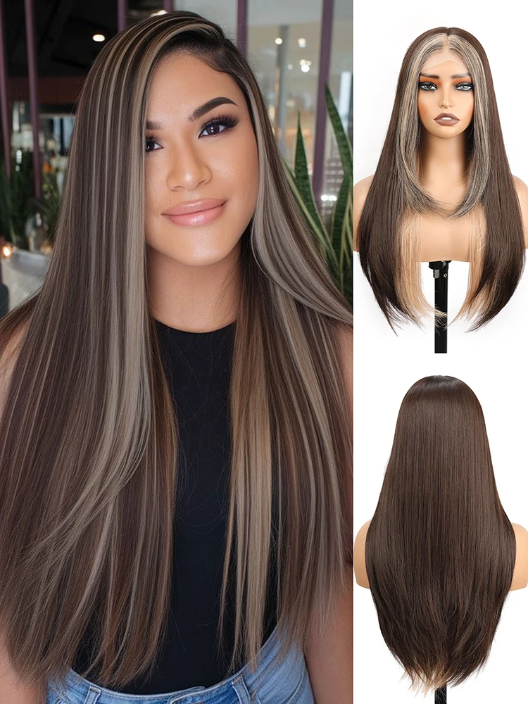 Chocolate brown lace wig with gray-gold highlights, 13x4 long straight gradient synthetic fiber wig, 28 inches.
