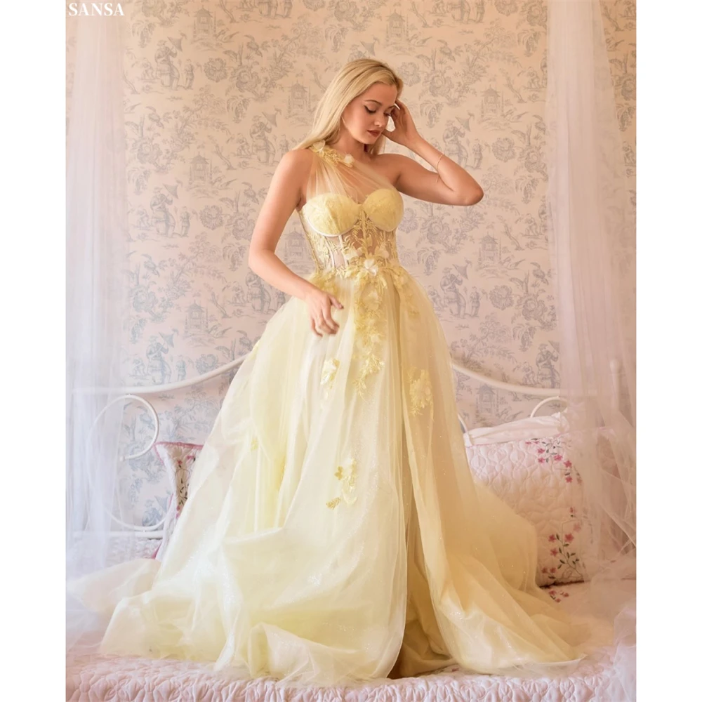 

Sansa Customized Yellow Illusion Boll Gown Floral Embroidery Prom Dress Side Split Vestidos De Noche Floor-Length Formal Evening