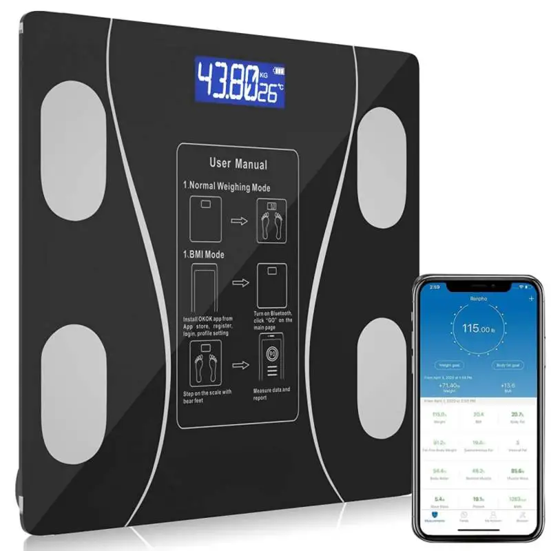 DON FELIZ Báscula Corporal Inteligente con App, Báscula de Baño Multifuncional con Medición, Pantalla LCD, Bluetooth, Incluye Pi