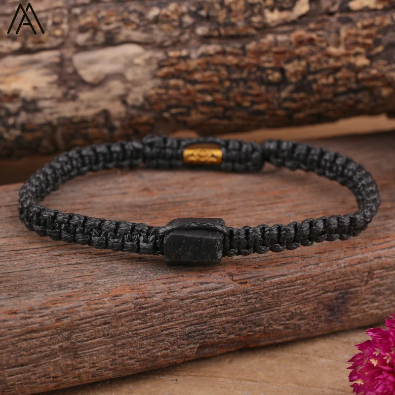 Natural Black Tourmaline Single Beads Woven Adjustable Bracelet Boho Women 6mm Black Lava Stone Beads Mala Bracelet N0383AMC image 2