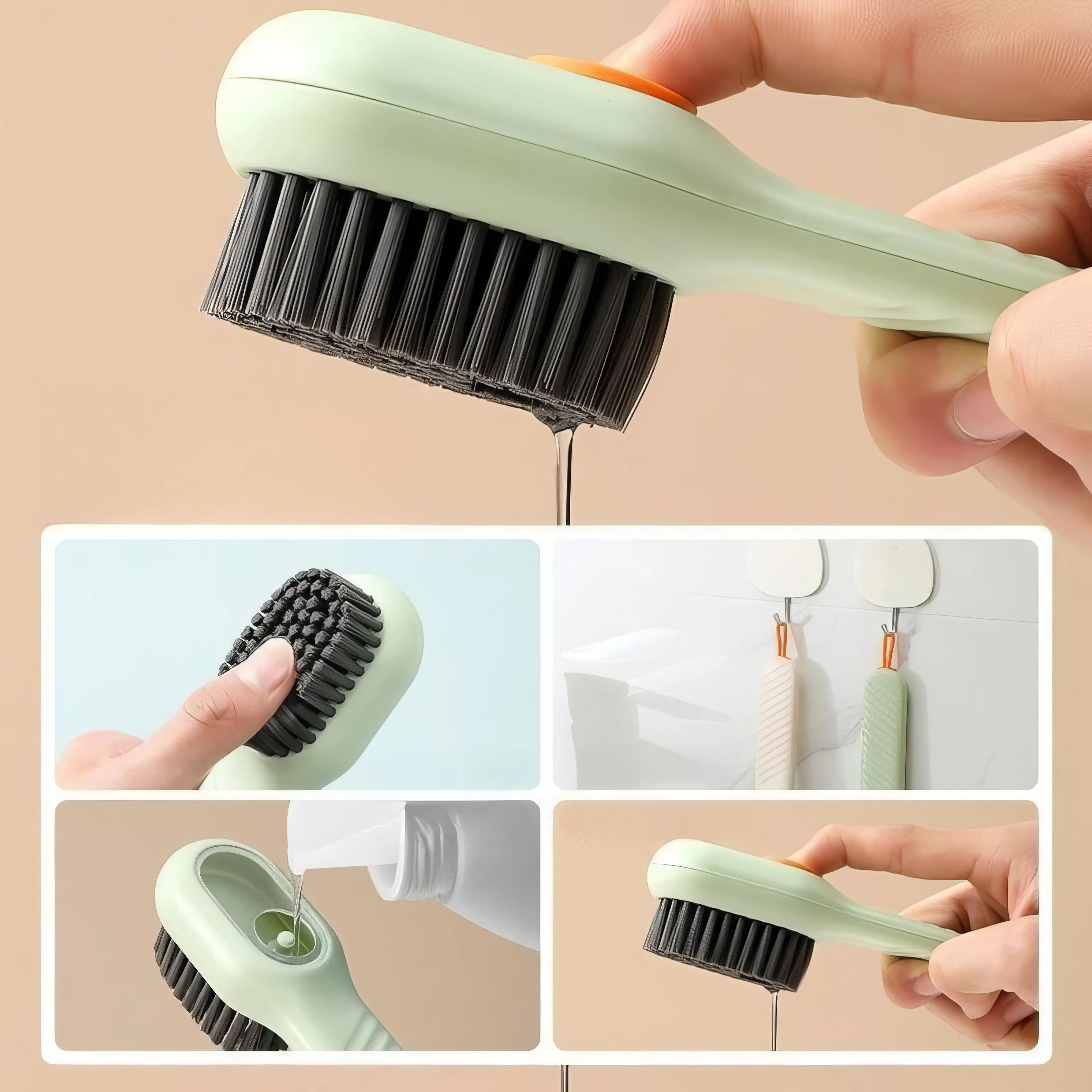 

Soft-Touch Bristles, Convenient Liquid Tray, Non-Abrasive Action, Light Green Handle, Efficient Design, Shoe Revitalizer.