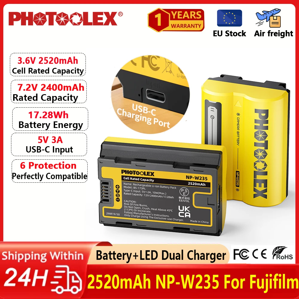 PHOTOOLEX 2520mAh NP-W235 NP W235 Battery / Fast Charger For Fujifilm X-T5 X-T4 GFX 100S X-H2S X-S20 GFX 50S II VG-XT4 Battery