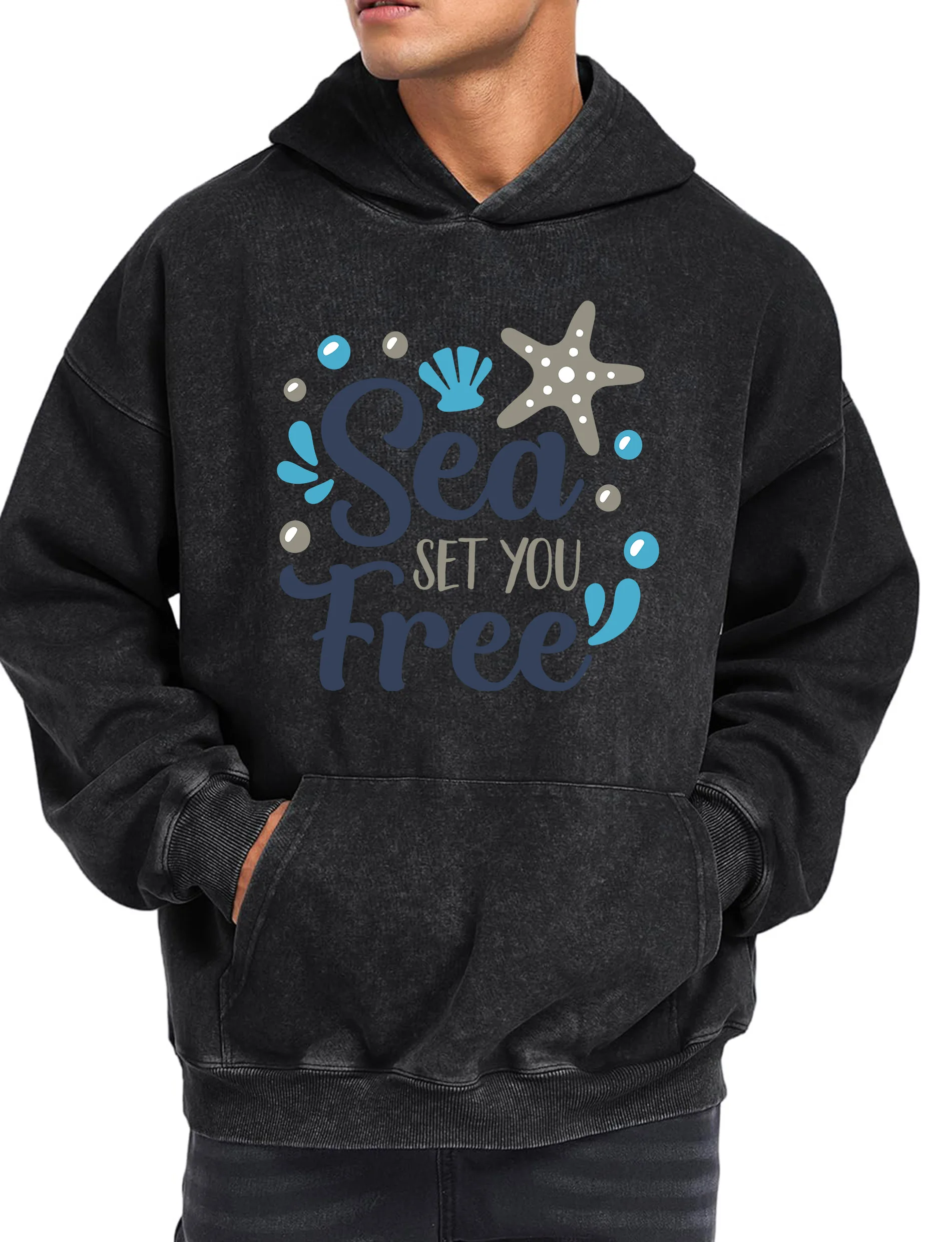 400 جرام سويت شيرت رجالي بقلنسوة Sea Set You Free مطبوع ريترو مغسول بأكمام طويلة سويت شيرت قابل للغسل في الغسالة مع ناعم