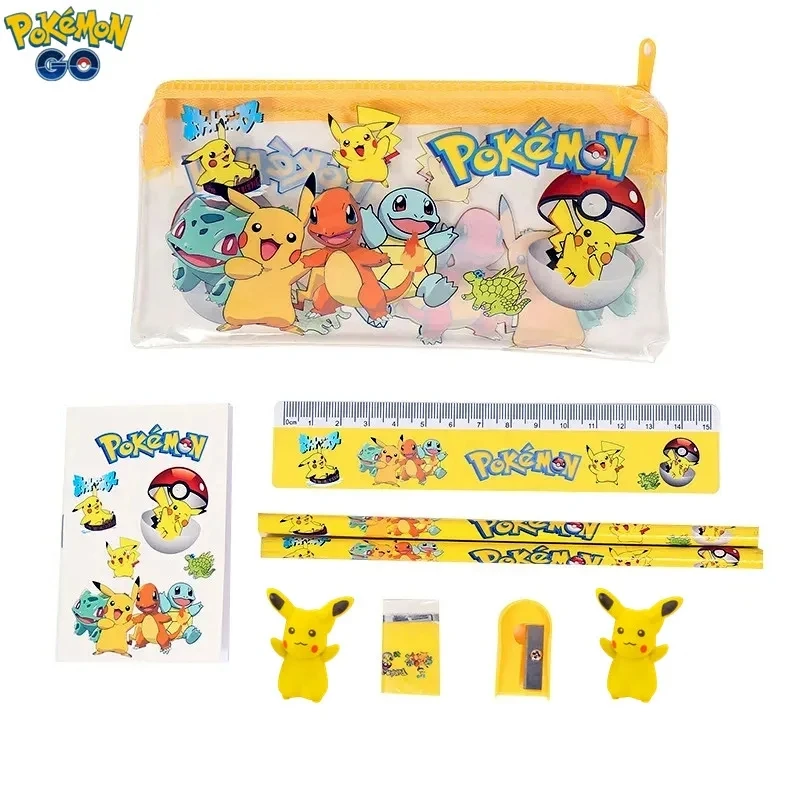 New Pokemon Pikachu Anime Figure Student Pencil Box Stationery Set Cartoon Pencil Ruler Eraser Pencil Sharpener Toys Gift