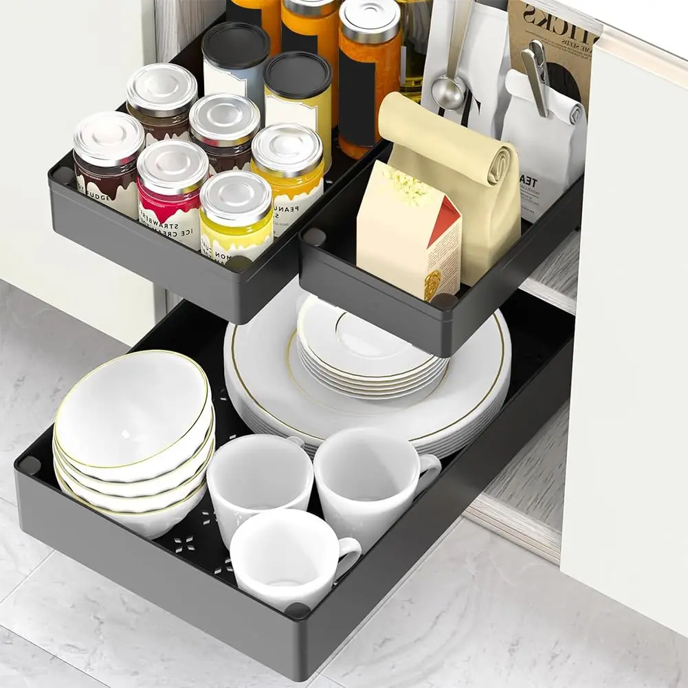 Ausziehbarer Schrank-Organizer, ausziehbare Schubladen für Küchenschränke, Aufbewahrung und Organisation unter dem Regal, ausziehbare Schubladen für Küchenschränke, Badezimmer, Büro, Schwarz, Größe L