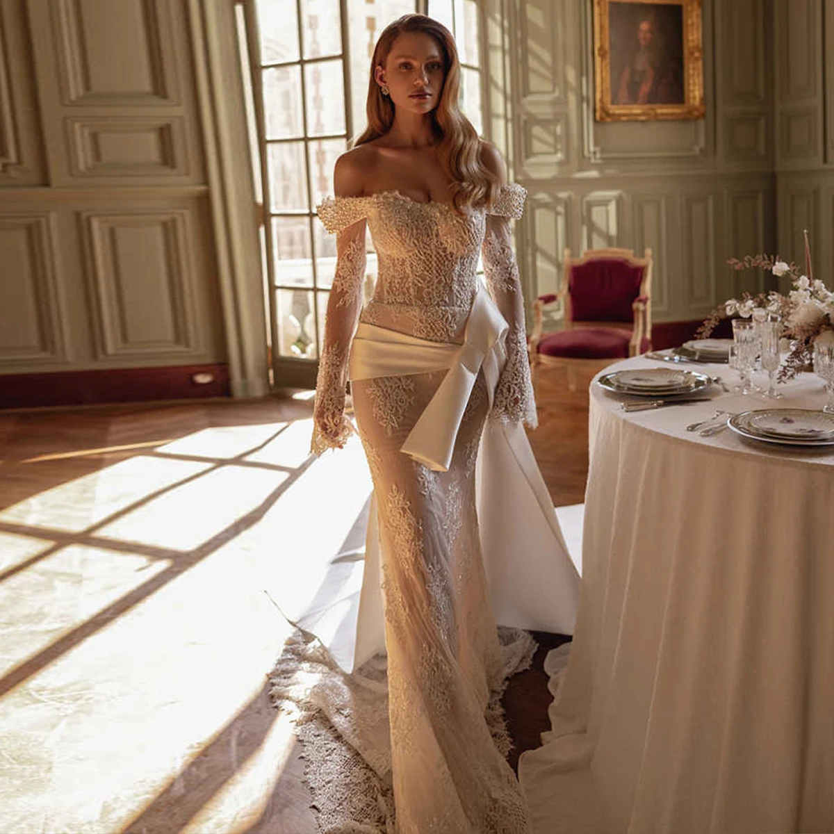 

Elegant Mermaid Wedding Dress Full Lace 3D Flowers Wedding Gowns Beat Applique Of Shoulder Bridal Ball Prom Dress Customized