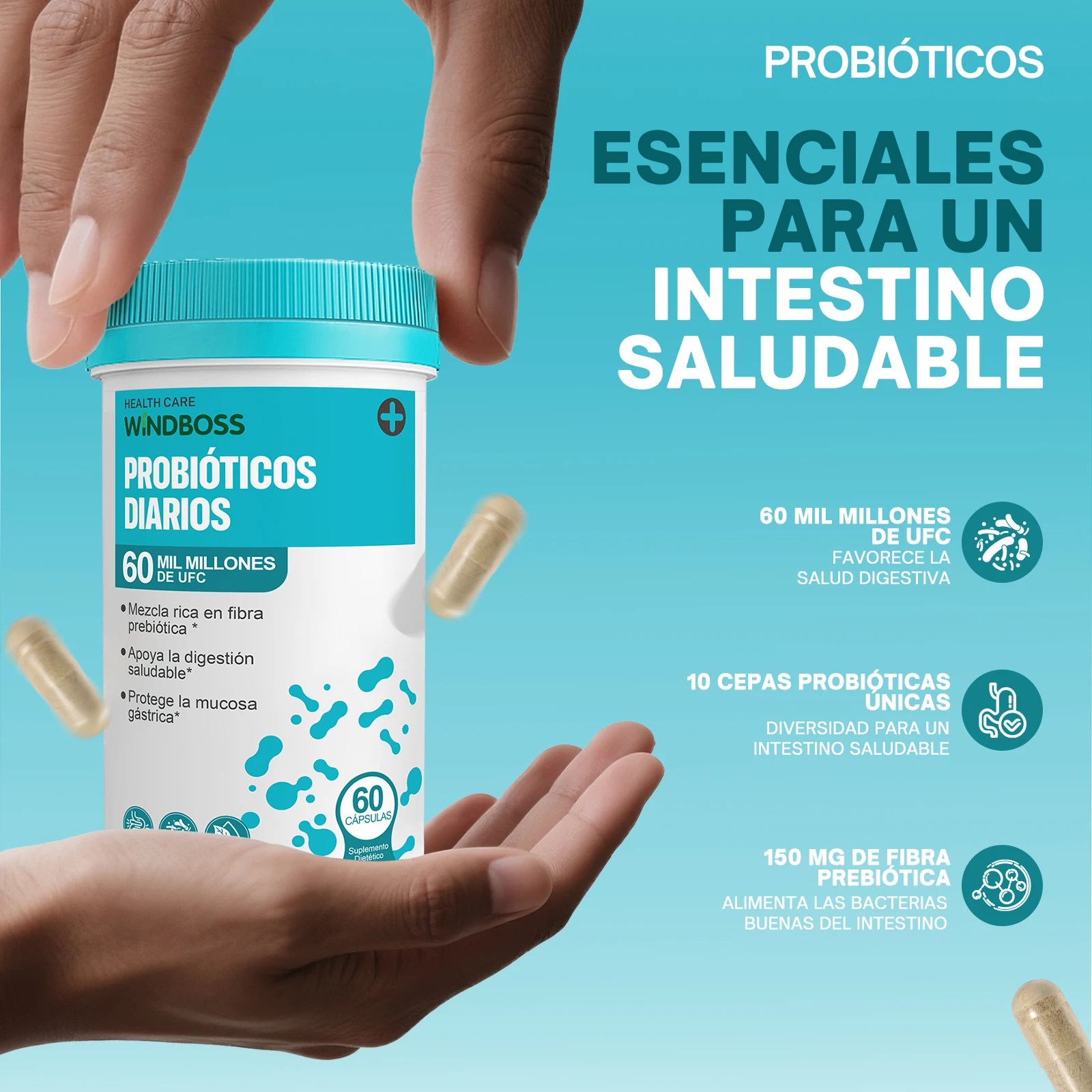 Windboss Fórmula Digestiva con Probióticos y Enzimas Naturales | Soporte Diario para el Bienestar Intestinal | Pack de 2 Frascos de 60 Cápsulas | Mezcla Prebiótica y Enzimas de Amplio Espectro - Image 4
