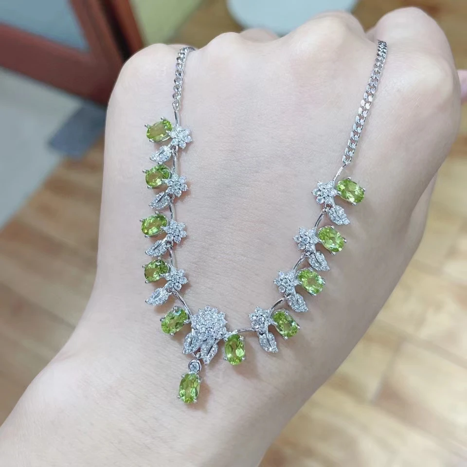 

Fine Jewelry 925 Sterling Silver Natural Peridot Gemstone Women Faceted Necklace Clavicle Chain Marry Got Ngaged Party Girl Gift