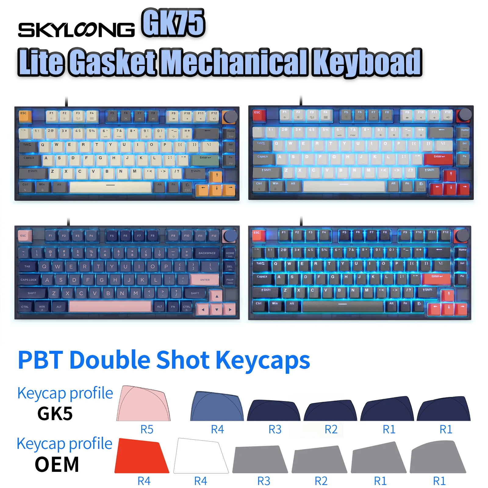 Skyloong Mechanical Keyboard 75% GK75 Gateron Optical Switches Hot Swappable PBT Keycap Lite Gasket Wired Programmable WIN MAC