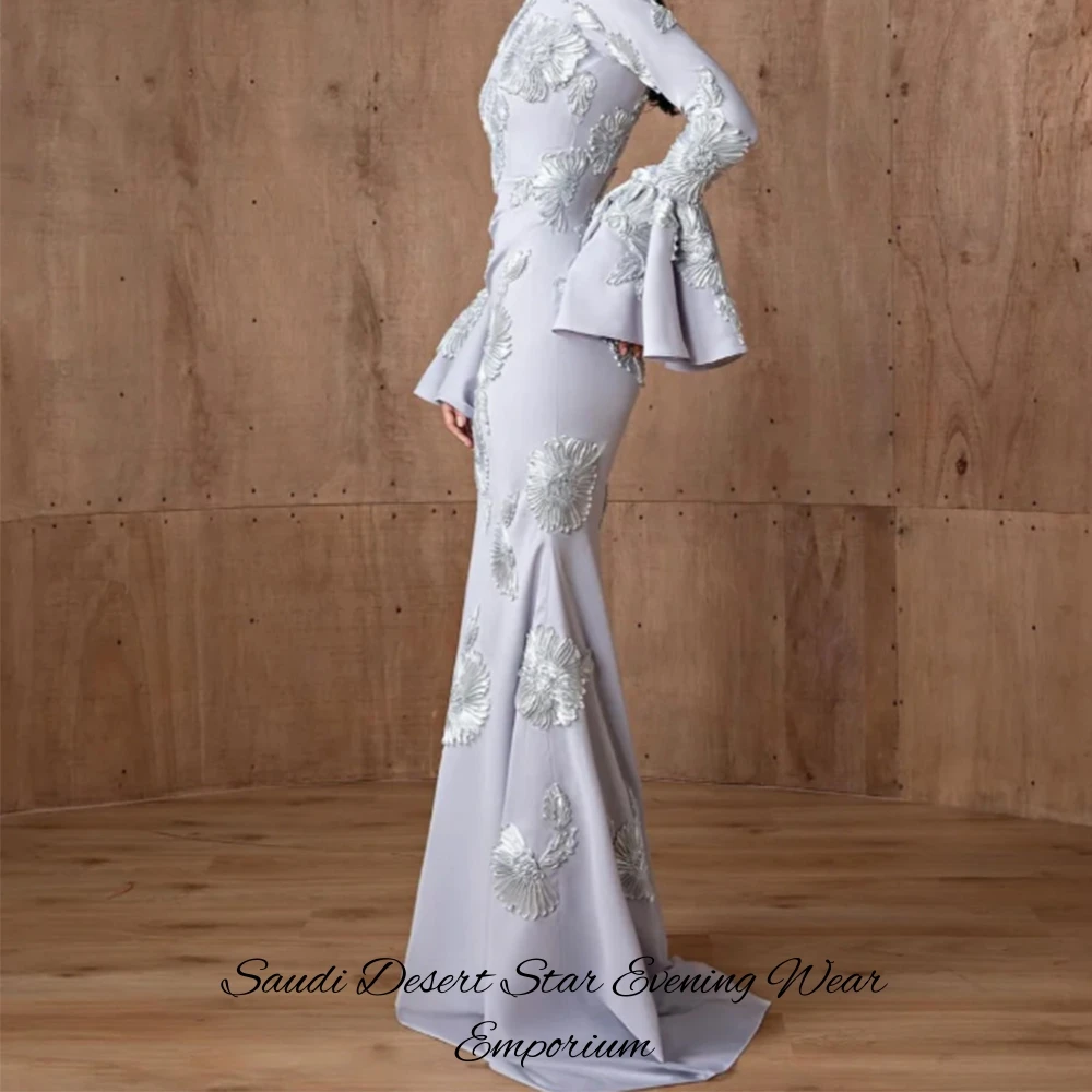 Customized Exquisite 3D Flowers Celebrity Gowns Delicate Mermaid Long Sleeves Evening Dress Elegant O-Neck Jersey Robe de soirée