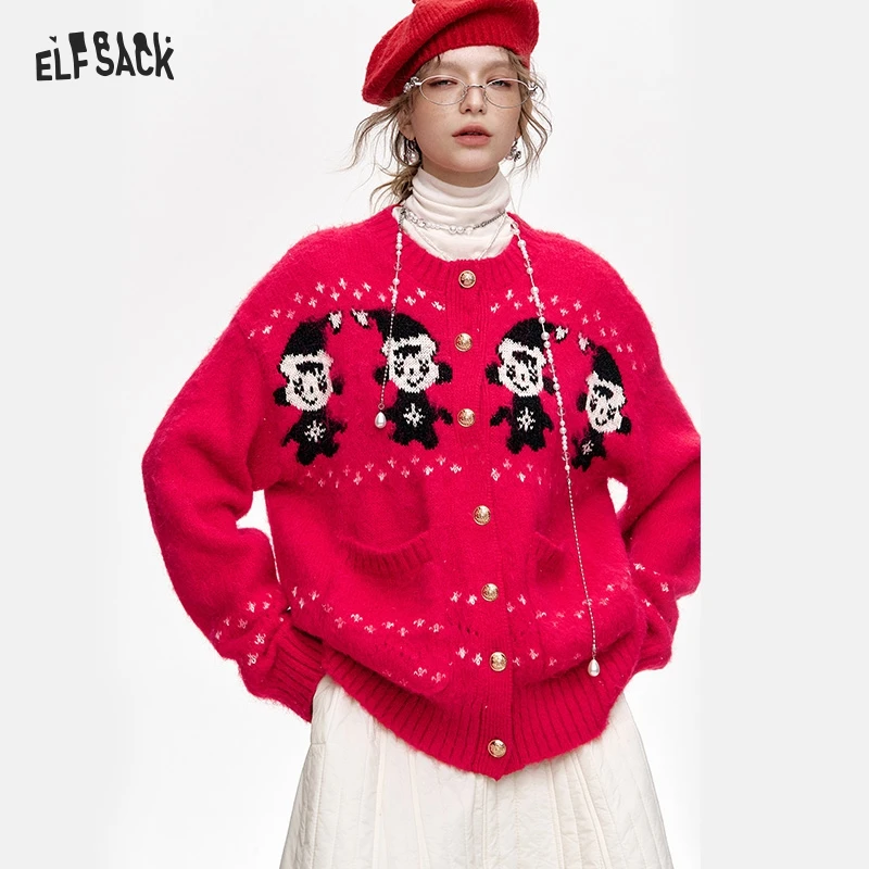 

ELFSACK 2024 Winter New Arrivals New Year Red Snowman Cardigan Round Neck Single Breasted Sweater Women