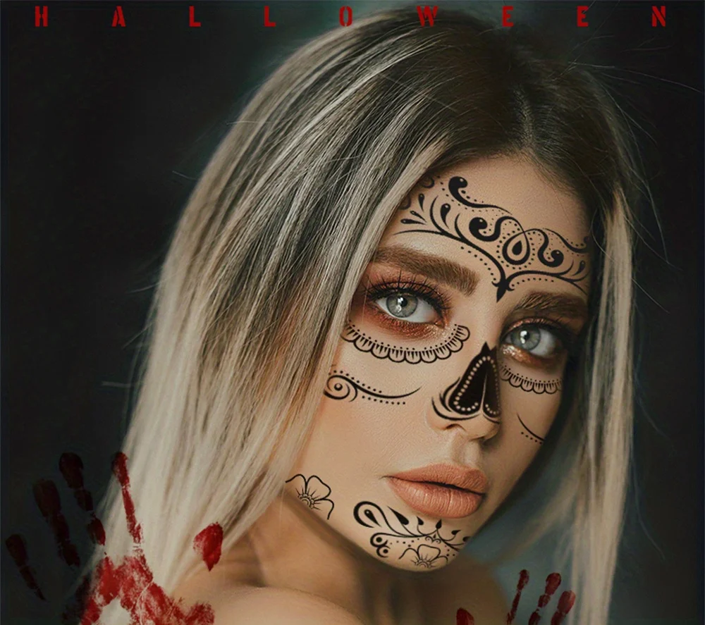 Halloween Temporäre Tattoos Aufkleber Tag der Toten La Catrina Gesicht Tattoos Schädel Wasserdichte Tattoos Aufkleber Party Make-Up Aufkleber – Detail 1