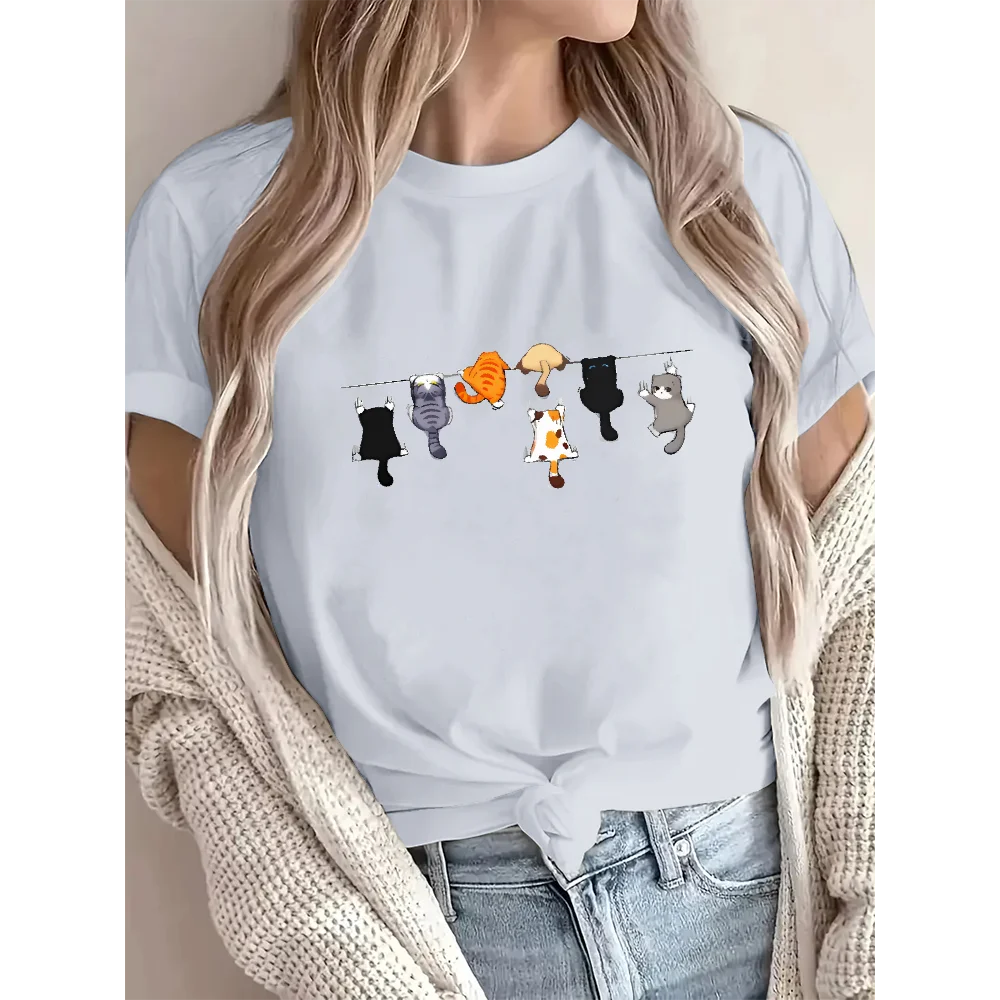 Cute Climbing Cats Print Graphics Tees Summer Casual Women’s Cotton T-shirts Streetwear Round Neck Short Sleeve Unisex Tops